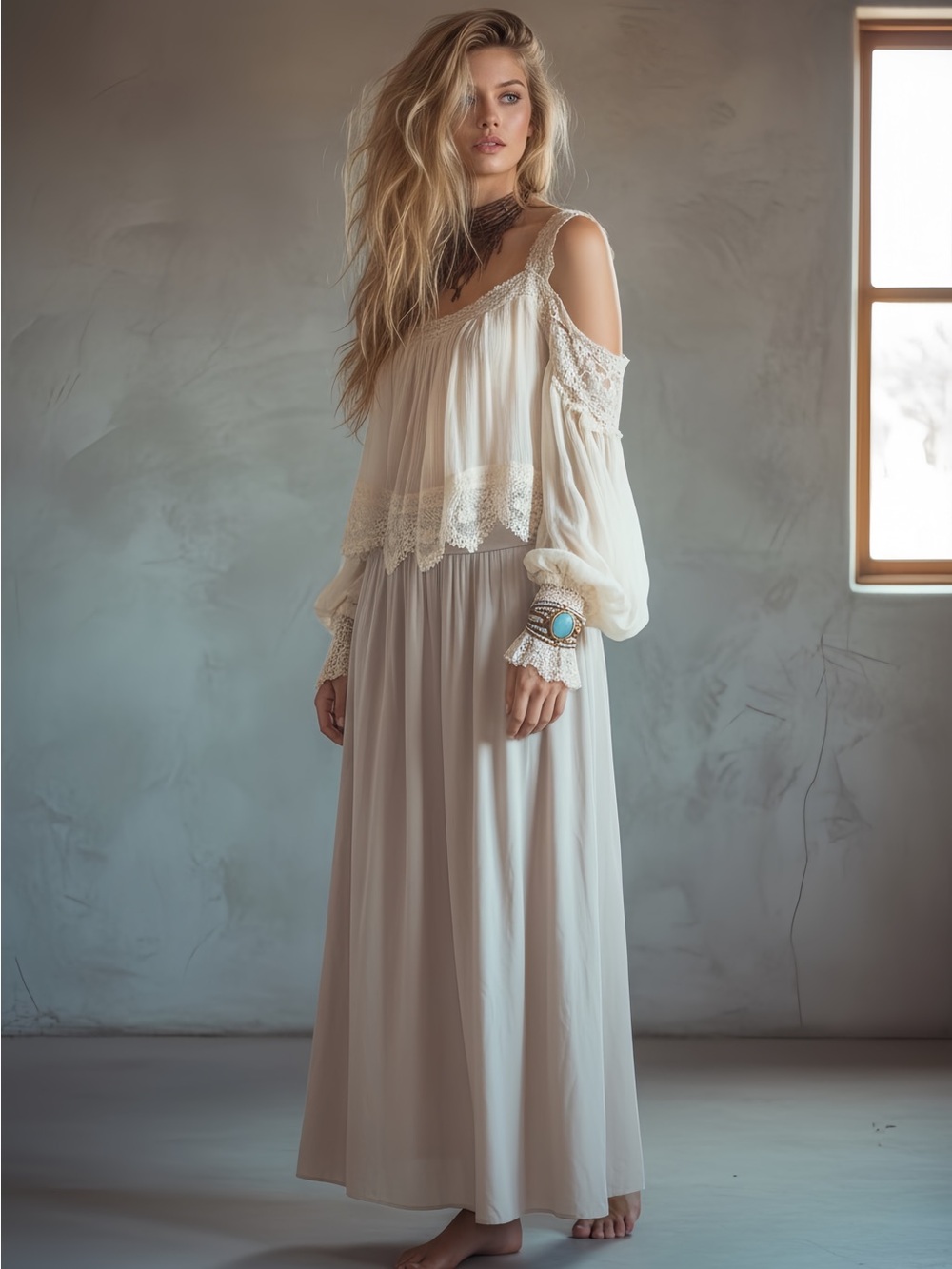 Italian Bamboo Grey-Taupe Maxi Skirt with Wide Waistband - Picture 3 of 8